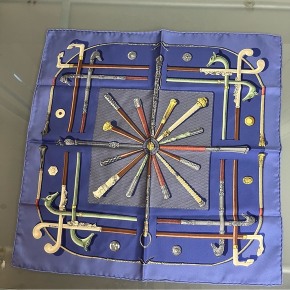 Hermes Carre Scarf 45 Small Cannes et Pommeaux Silk Navy - Picture 6 of 9